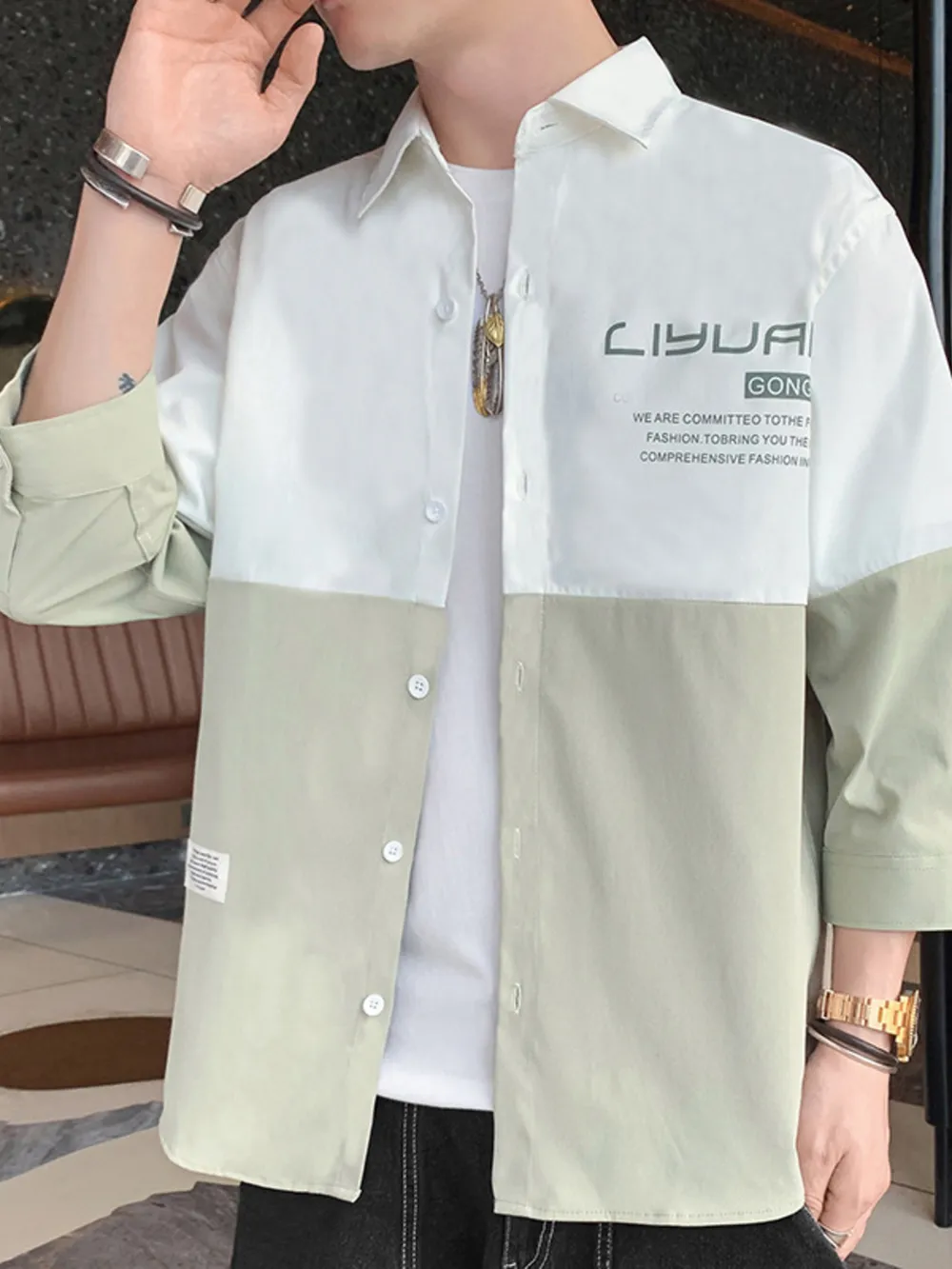 Men's Plus Size Two-Tone Casual Button-Down Shirt, image 3