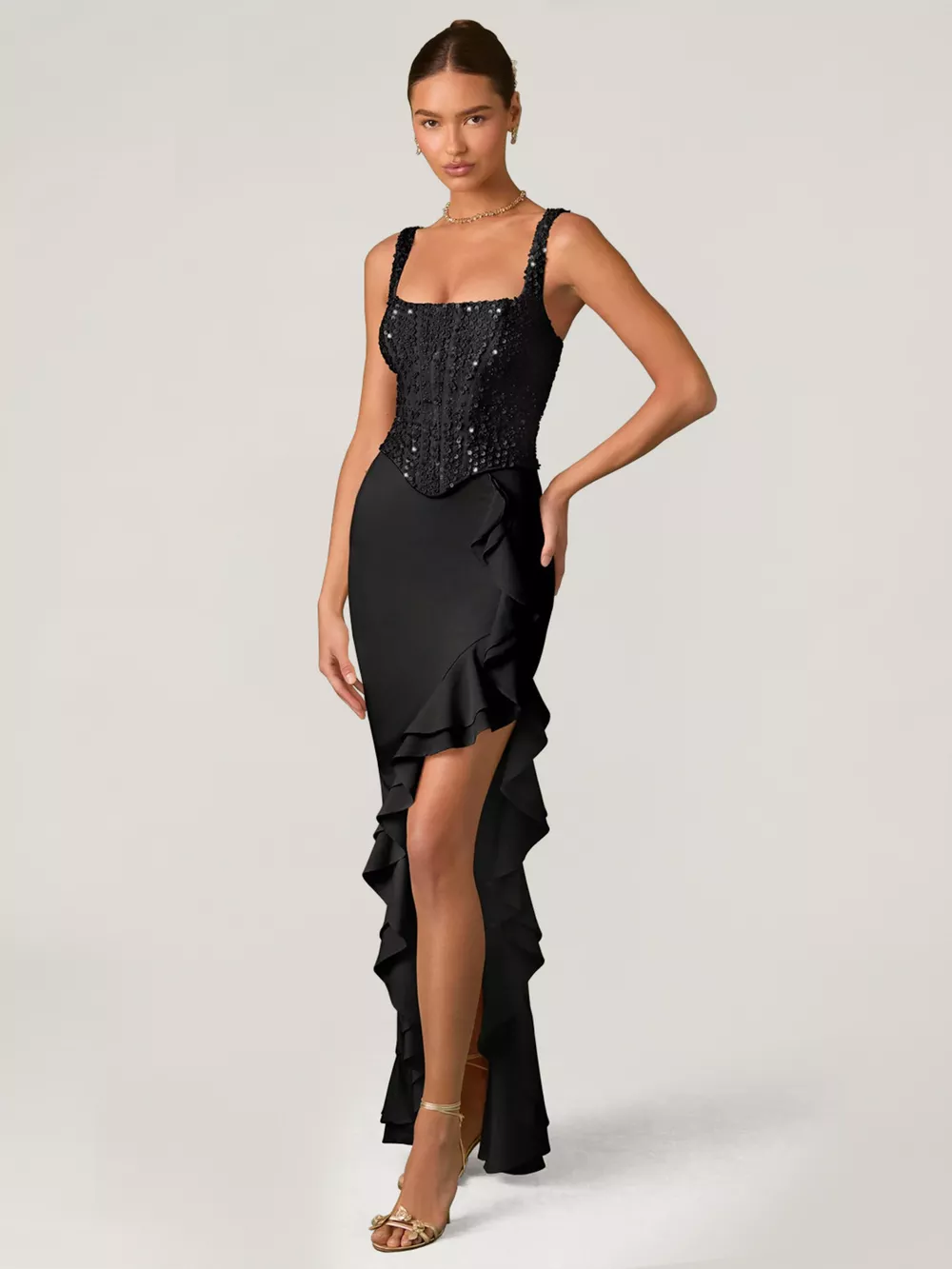 Sequin Ruffle Hem Maxi Dress