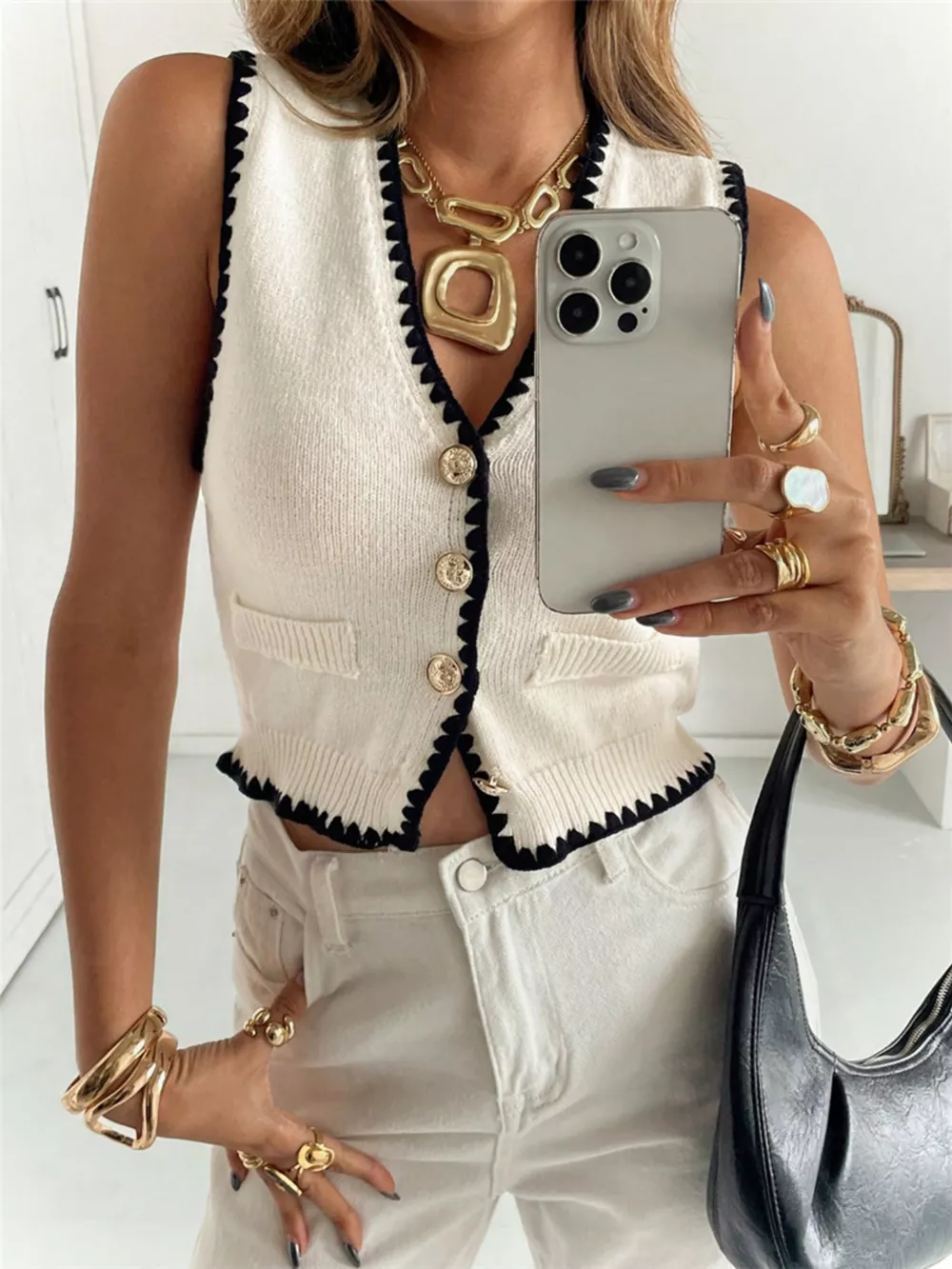 Contrast Trim Button Up Sweater Vest, image 2