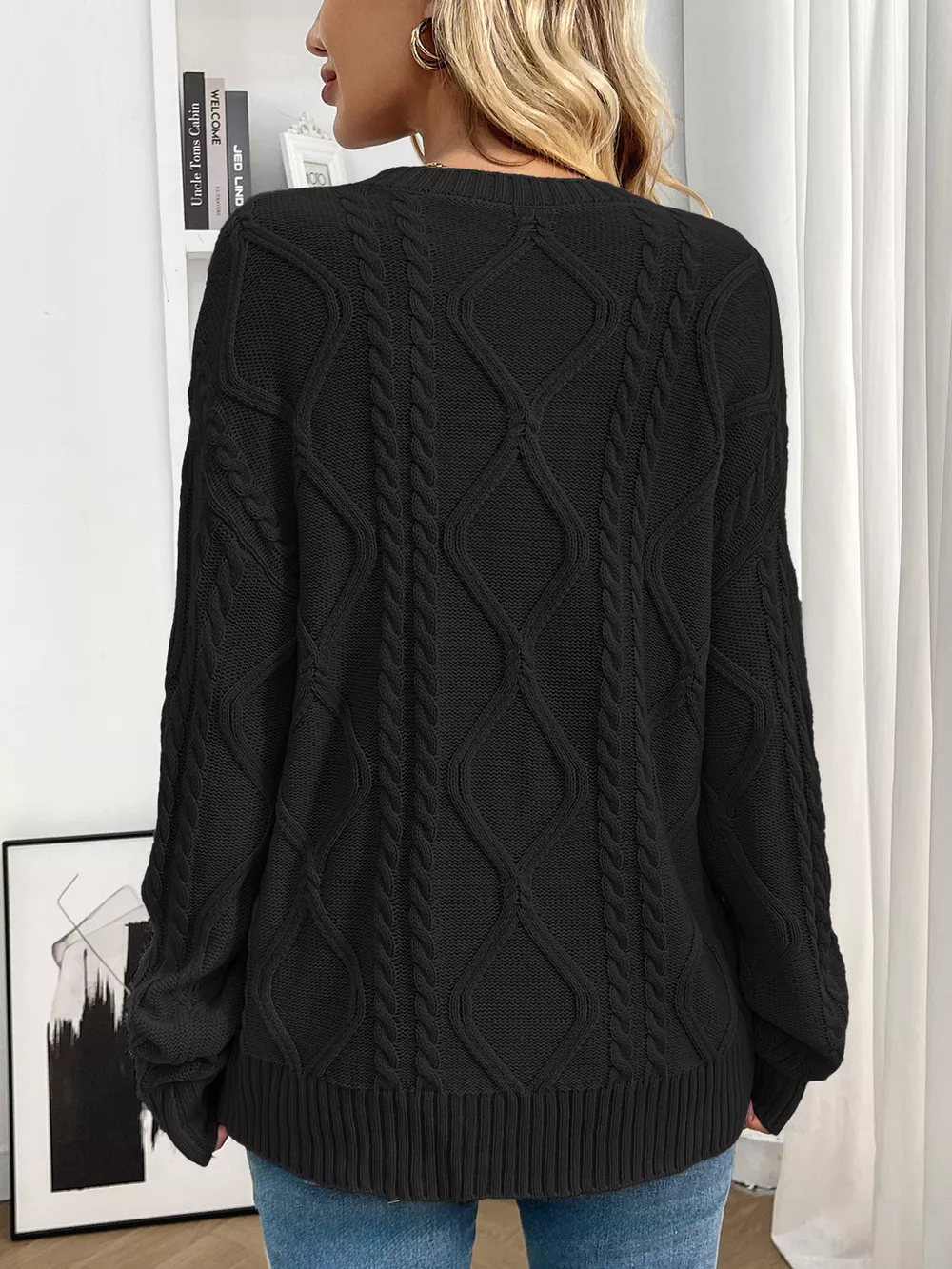 Cable Knit Round Neck Long Sleeve Sweater, image 3