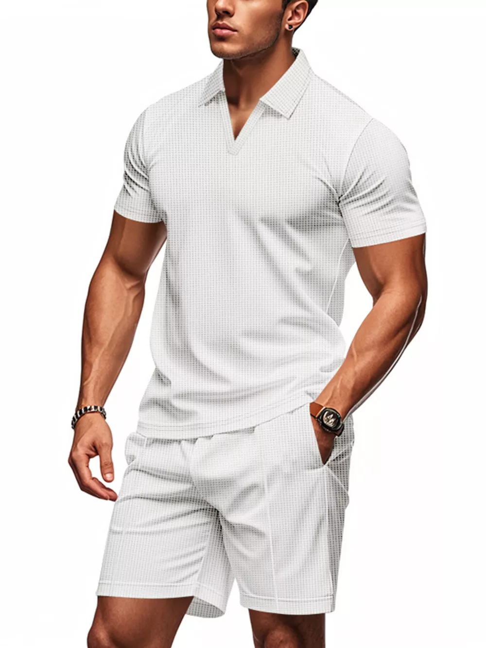 Men's Full Size Textured Short Sleeve Polo and Shorts Set Plus Size, image 2