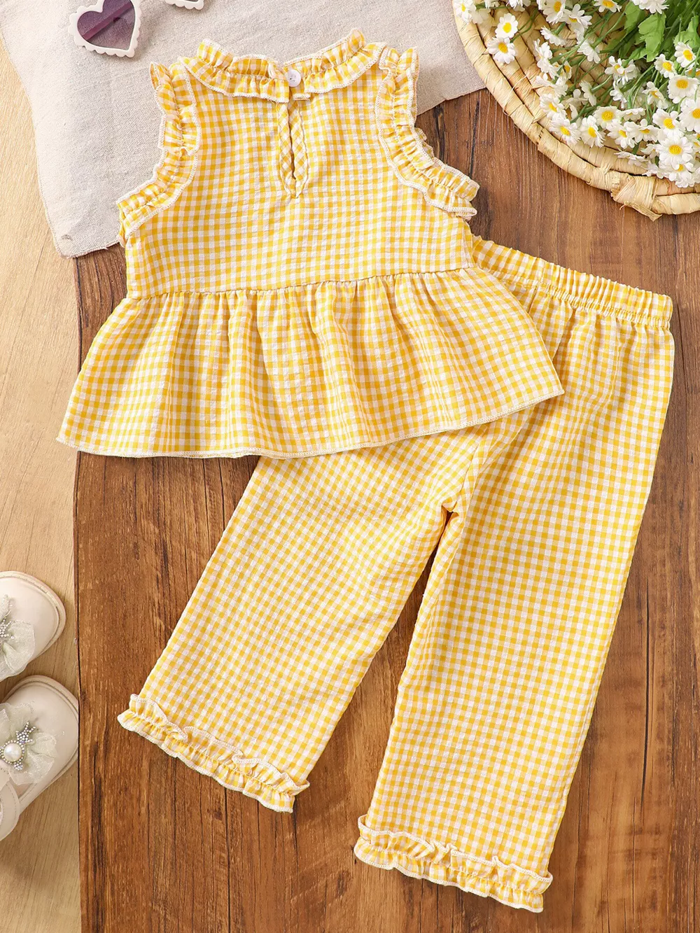 Children's Gingham Ruffle Trim Sleeveless Top & Pants Set, image 6