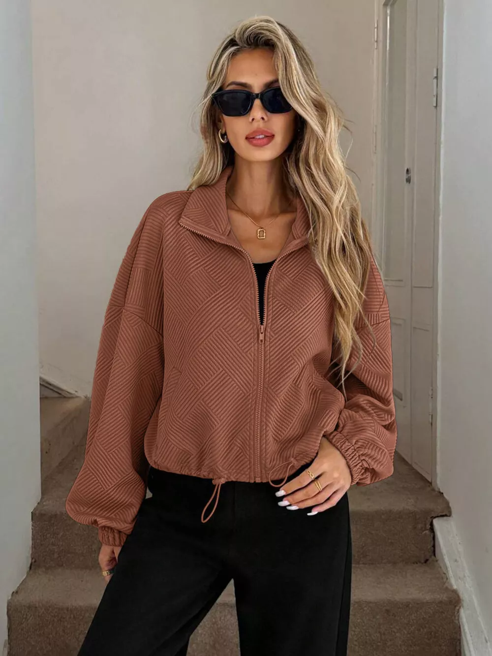 Drawstring Hem Textured Long Sleeve Jacket, image 7