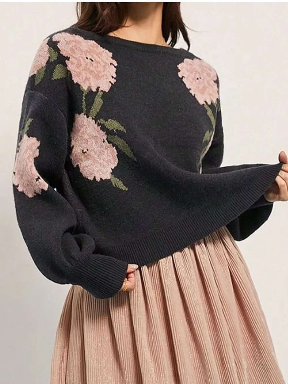 Floral Pattern Dropped Shoulder Sweater, image 5