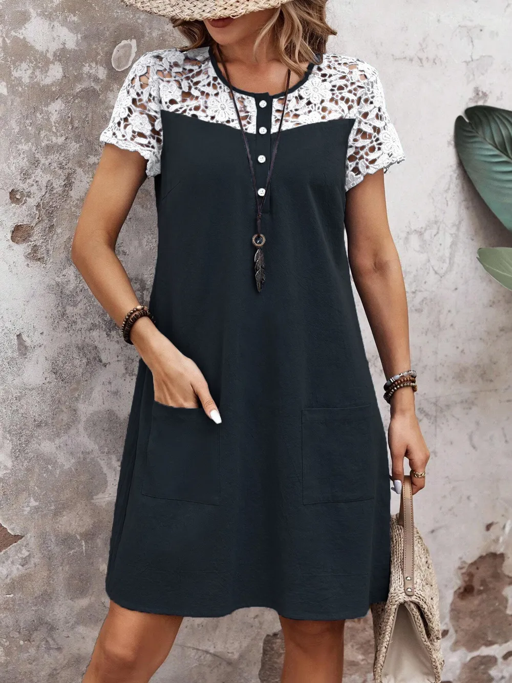 Lace Button Detail Round Neck Mini Dress, image 3