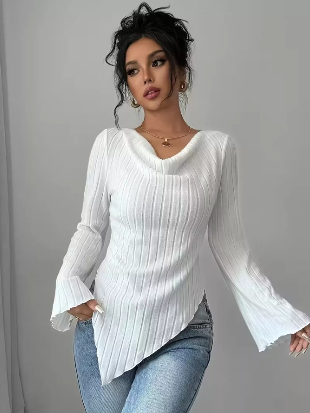 Cowl Neck Ribbed Knit T-Shirt, image 6
