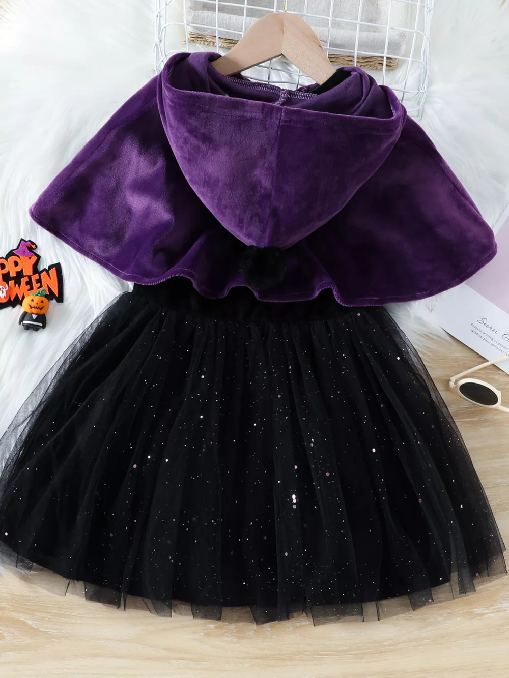 Children's Velvet Hooded Cape and Tulle Dress Halloween Witch Costume Set, image 6