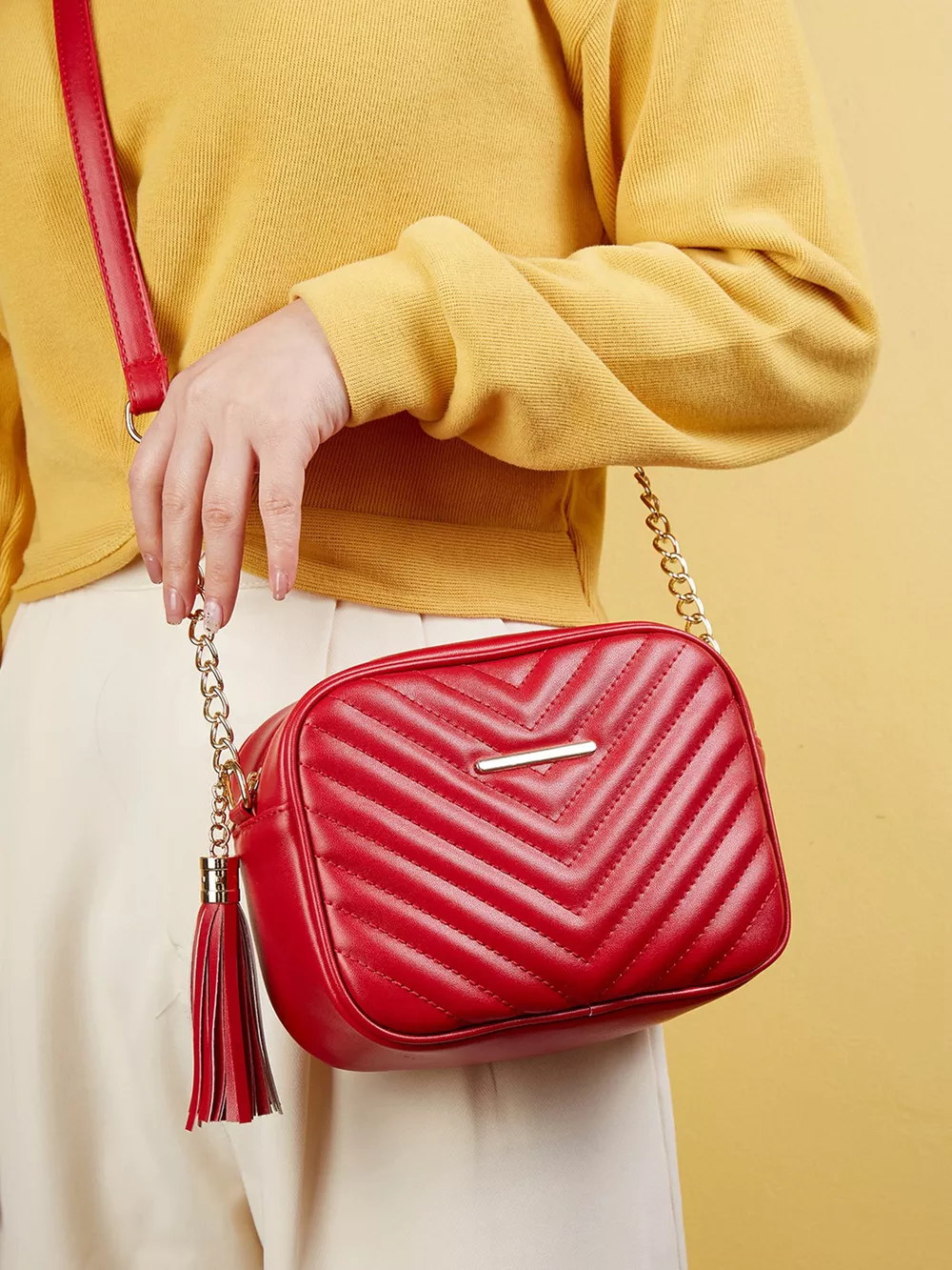 Quilted PU Leather Crossbody Bag with Tassel, image 7