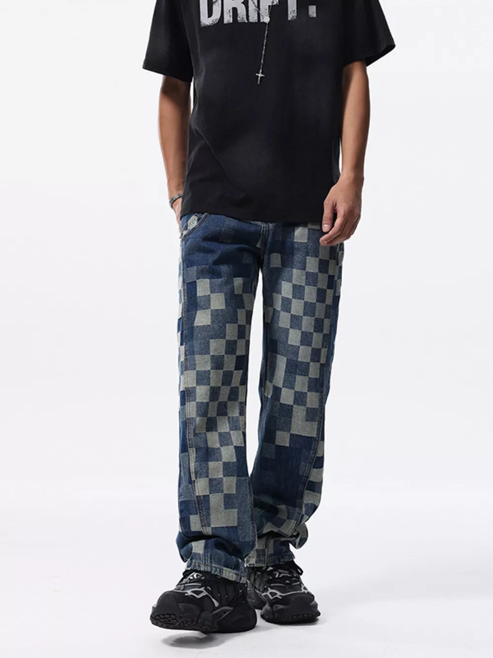 Men's Checkerboard Pattern Relaxed Fit Jeans, image 2