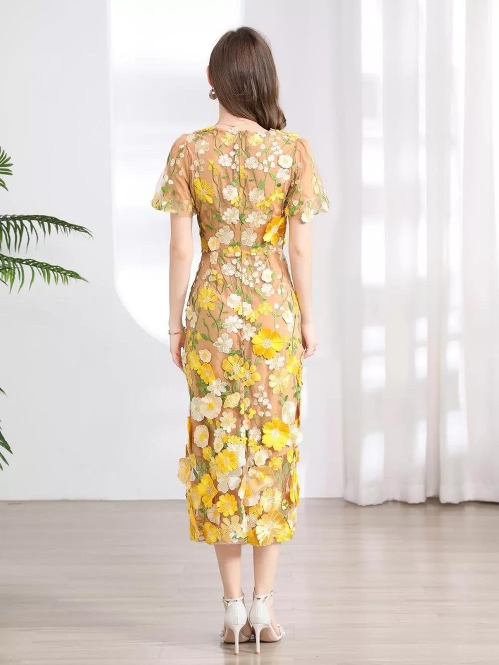 Floral Embroidered Puff Sleeve Midi Dress, image 11