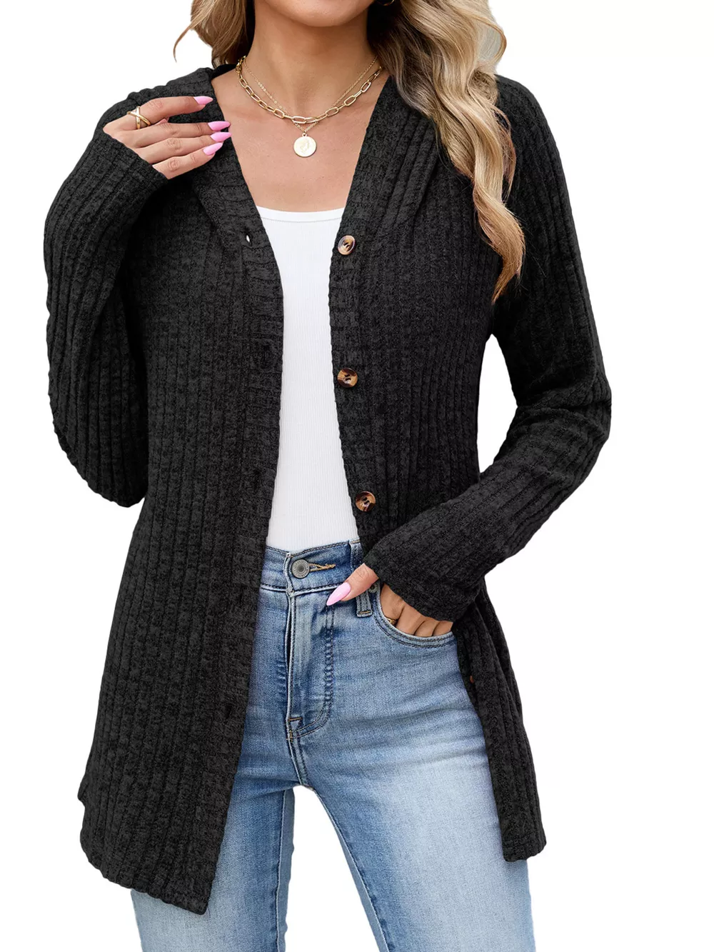 Ribbed Knit Hooded Button-Down Cardigan, image 7