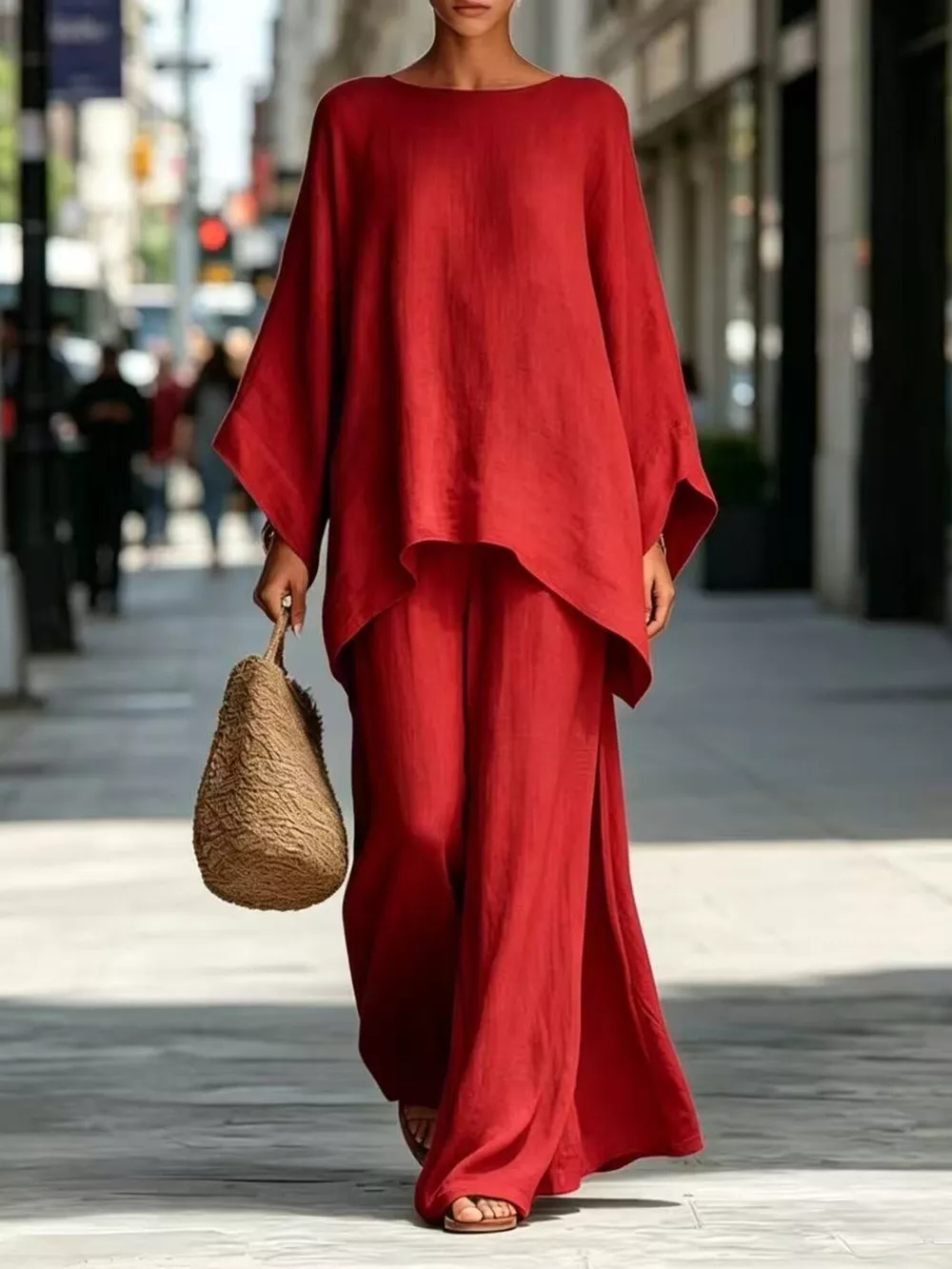 Full Size Batwing Sleeve Top and Wide-Leg Pants Set Plus Size, image 13