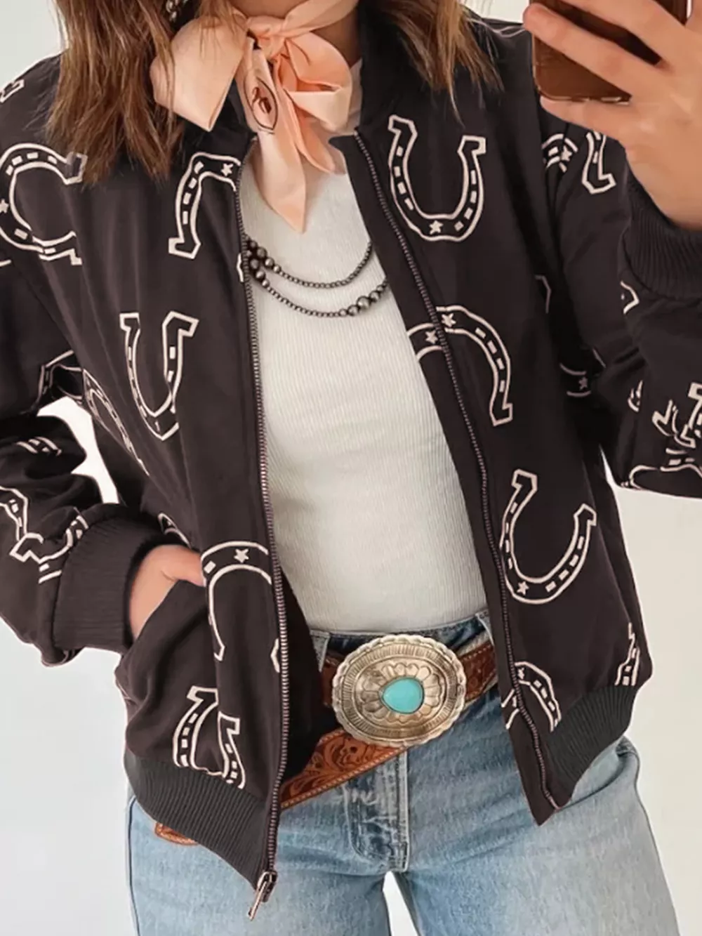 Horseshoe Print Zip-Up Bomber Jacket