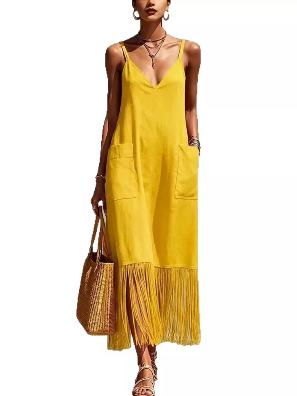 Full Size Fringe Spaghetti Strap V-Neck Dress Plus Size, image 9