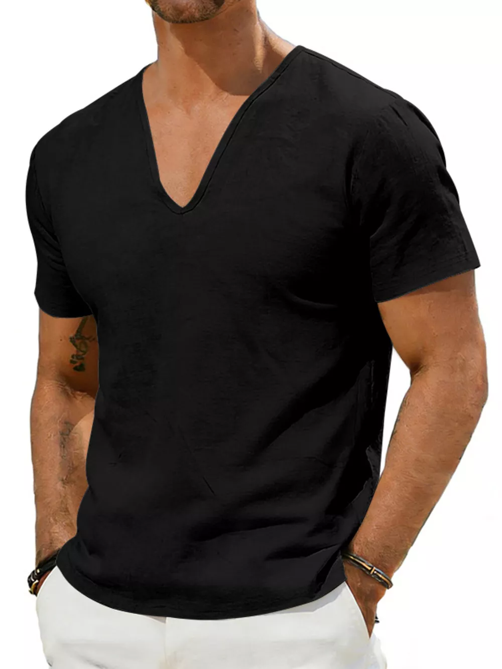 Men's Full Size Casual V-Neck Linen T-Shirt Plus Size, image 4