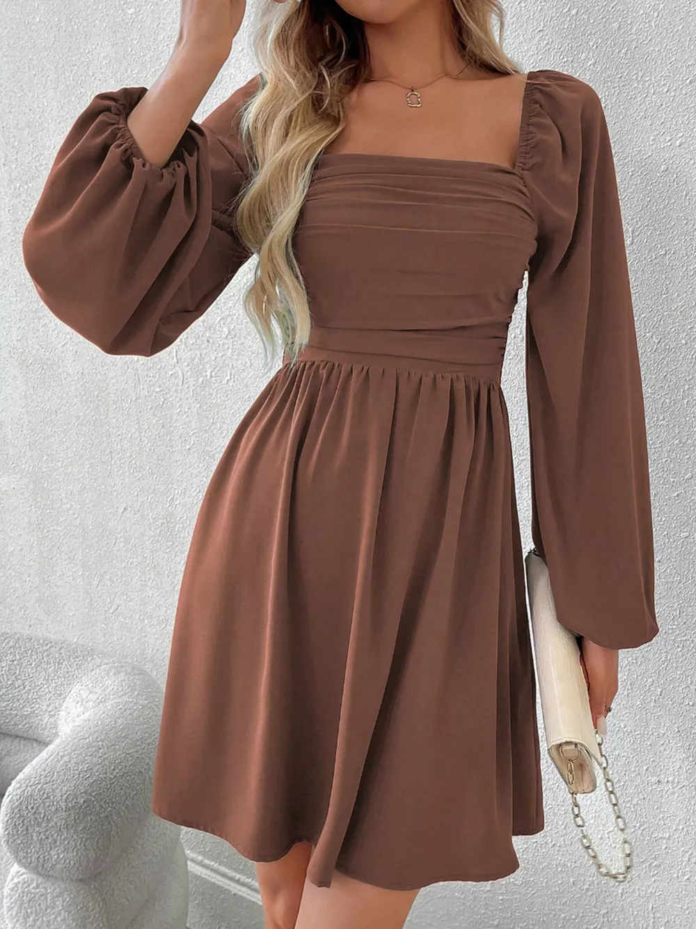 Ruched Square Neck Long Sleeve A-Line Dress, image 8