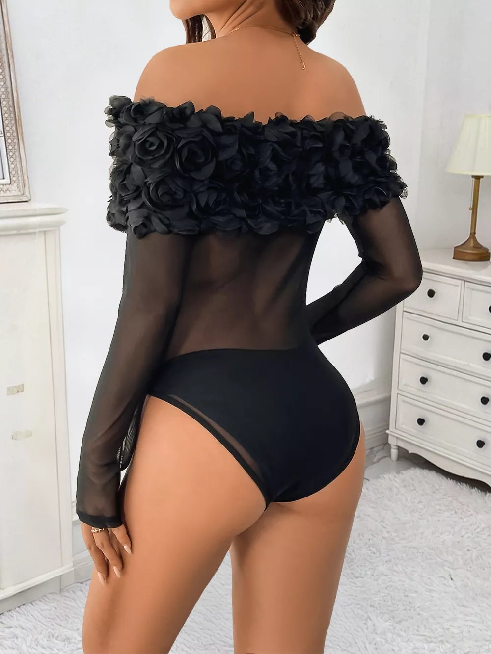 Flower Off-Shoulder Mesh Bodysuit, image 3