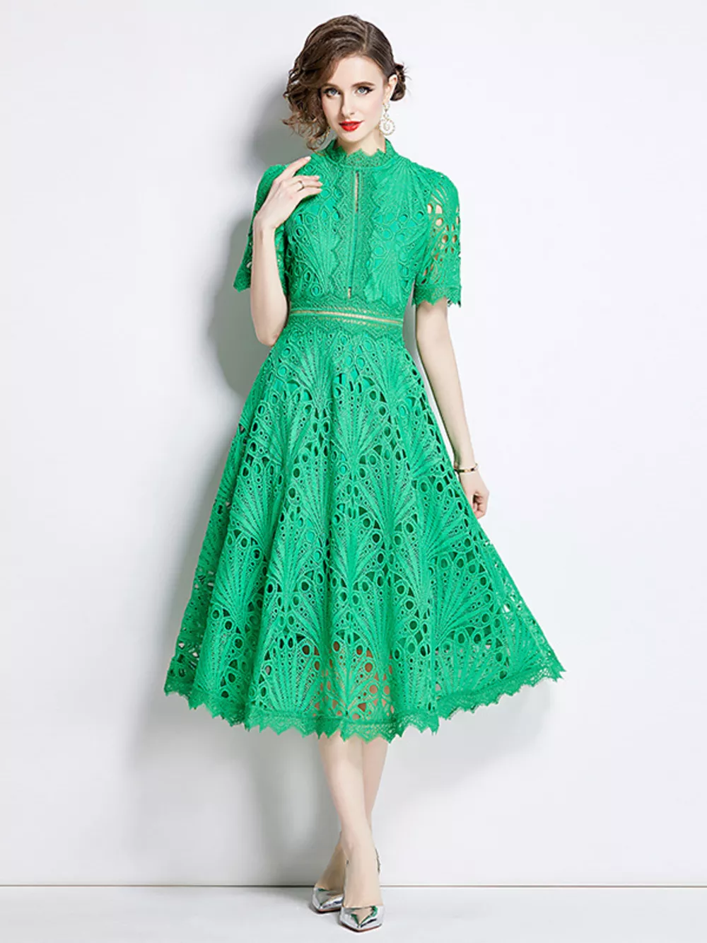 Full Size Lace Short Sleeve Midi Dress Plus Size, image 12