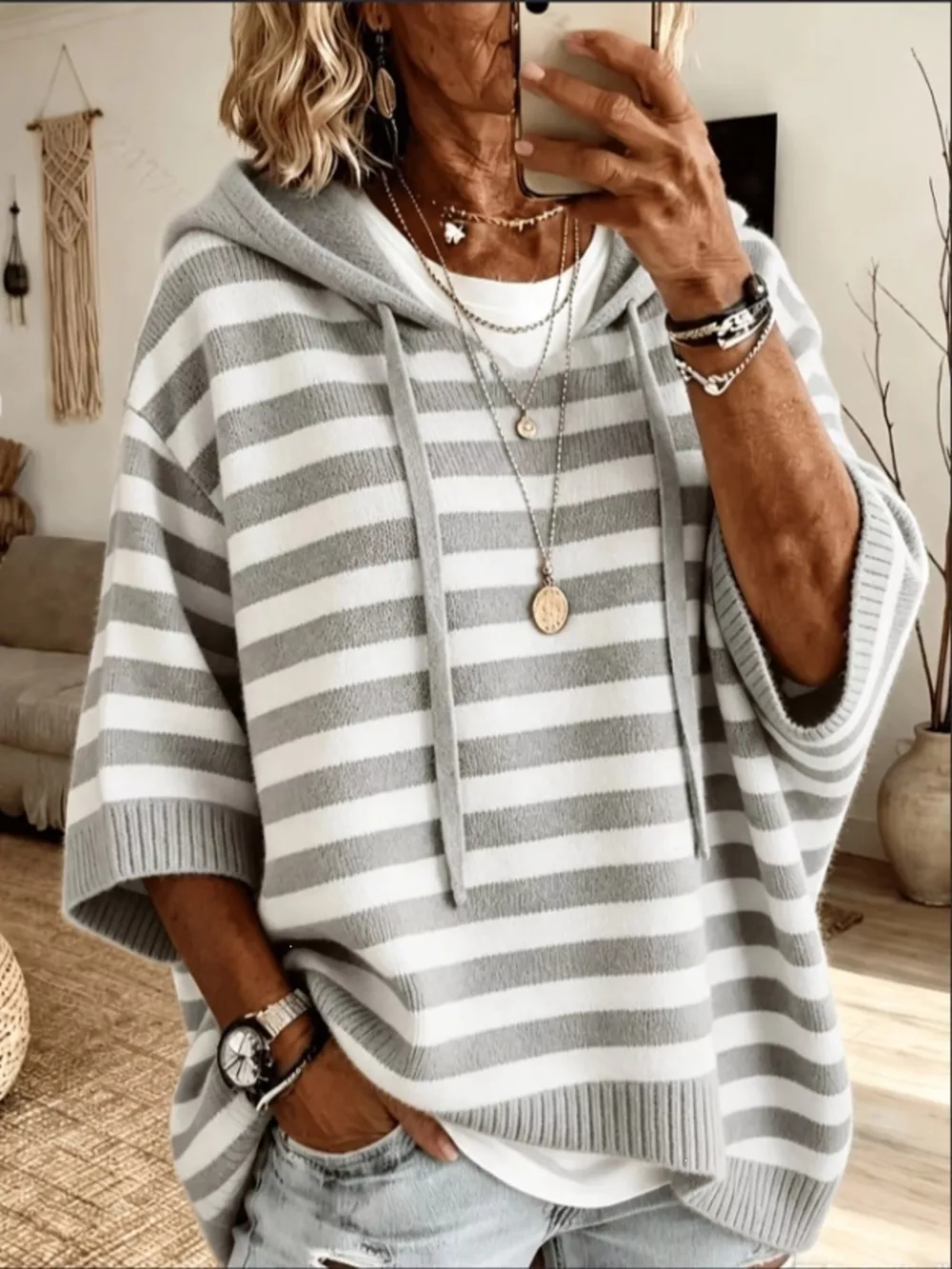Casual Striped Hooded Knit Sweater, image 5