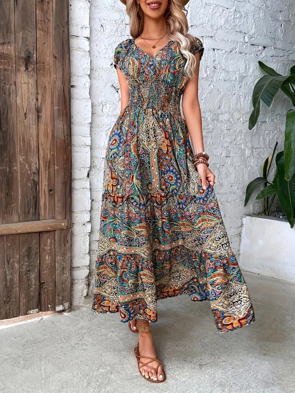 Printed V-Neck Cap Sleeve Dress, image 2