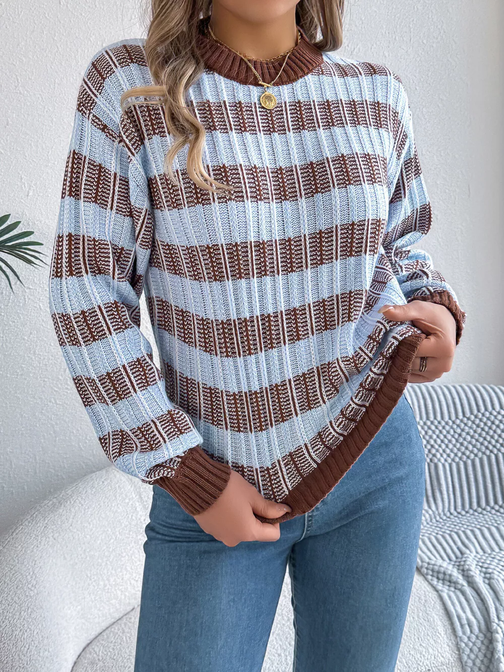 Striped Round Neck Long Sleeve Sweater, image 2