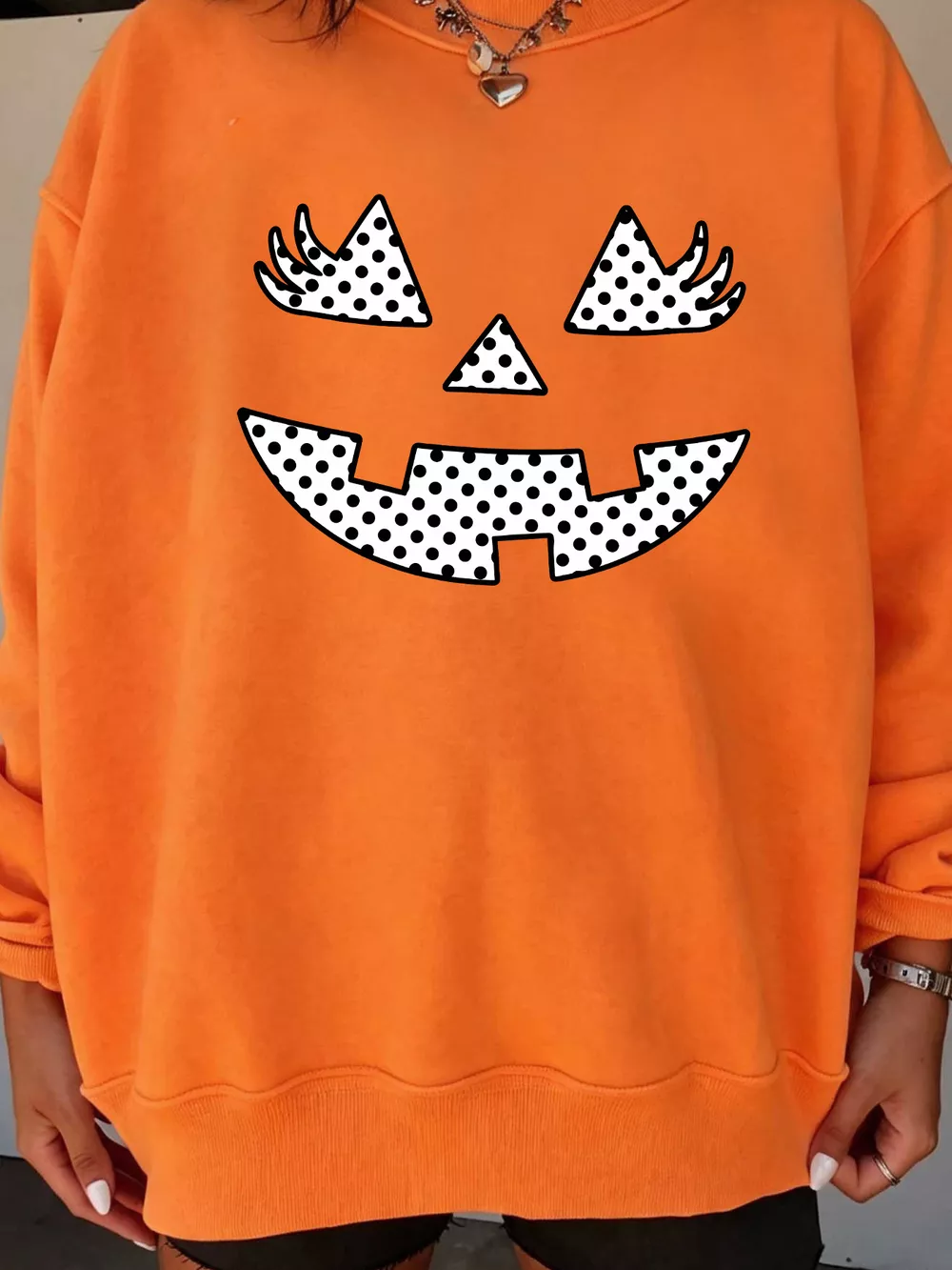 Polka Dot Pumpkin Face Halloween Graphic Pullover Sweatshirt, image 3