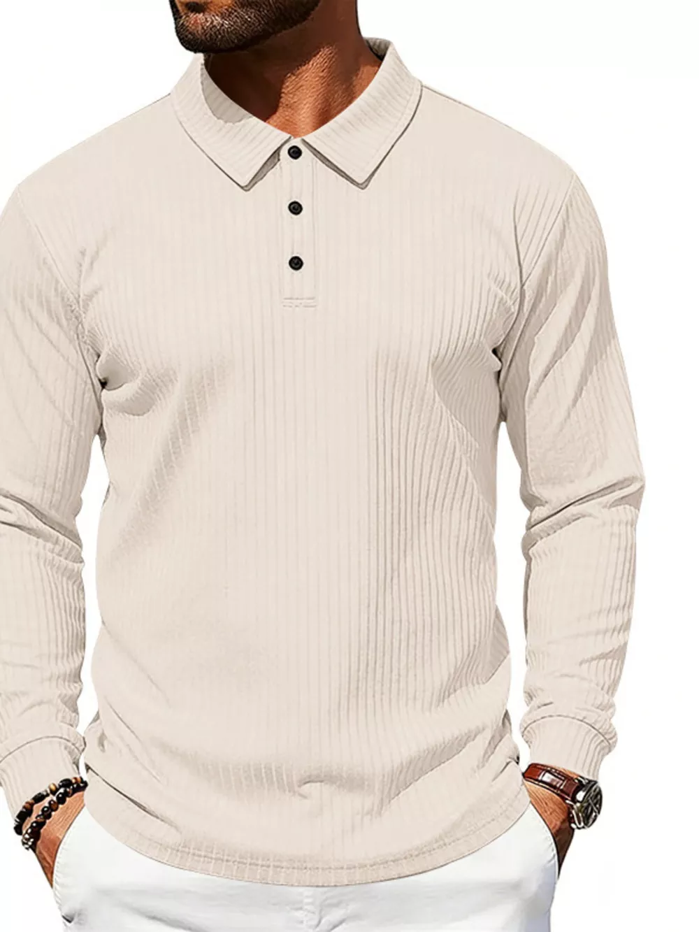 Men's Full Size Ribbed Long Sleeve Polo with Button Detail Plus Size, image 9