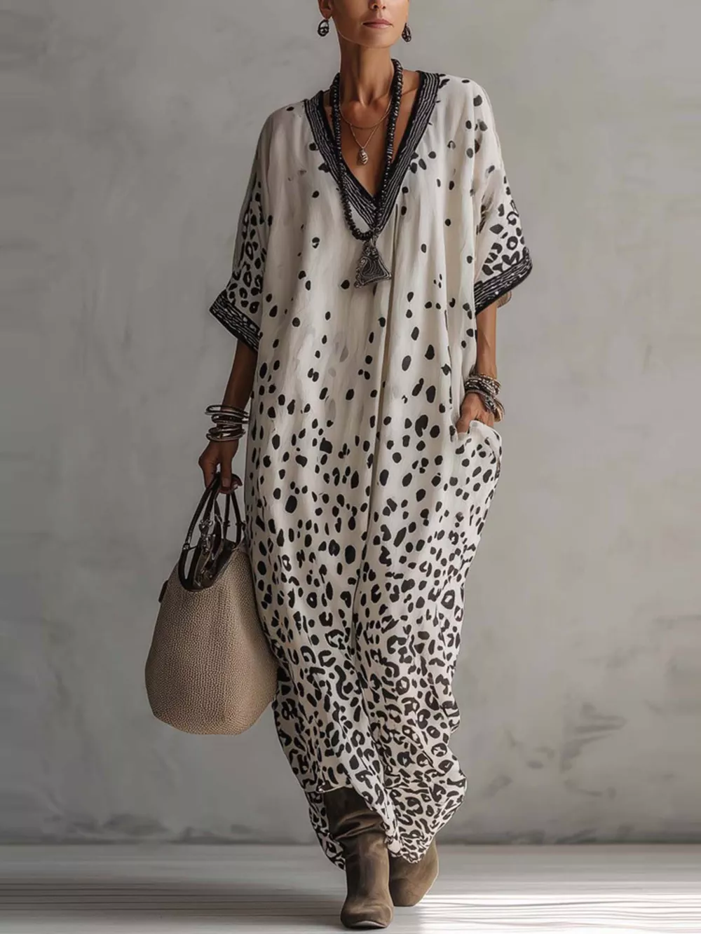 V-Neck Leopard Print Loose Maxi Dress