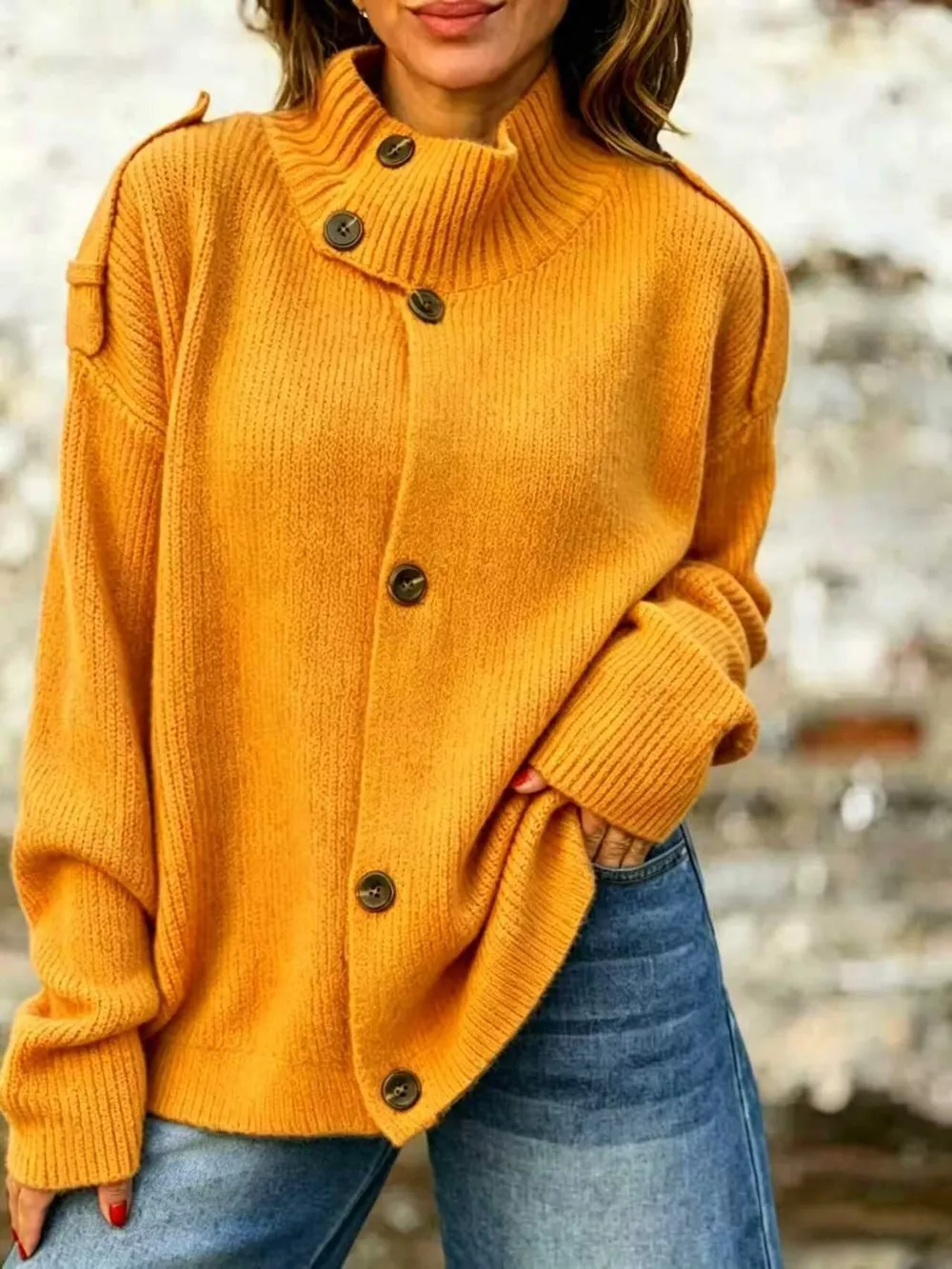 Full Size Button-Up Mock Neck Cardigan Plus Size, image 11