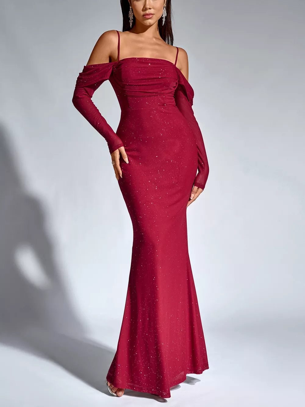 Glitter Ruched Long Sleeve Mermaid Maxi Dress, image 3