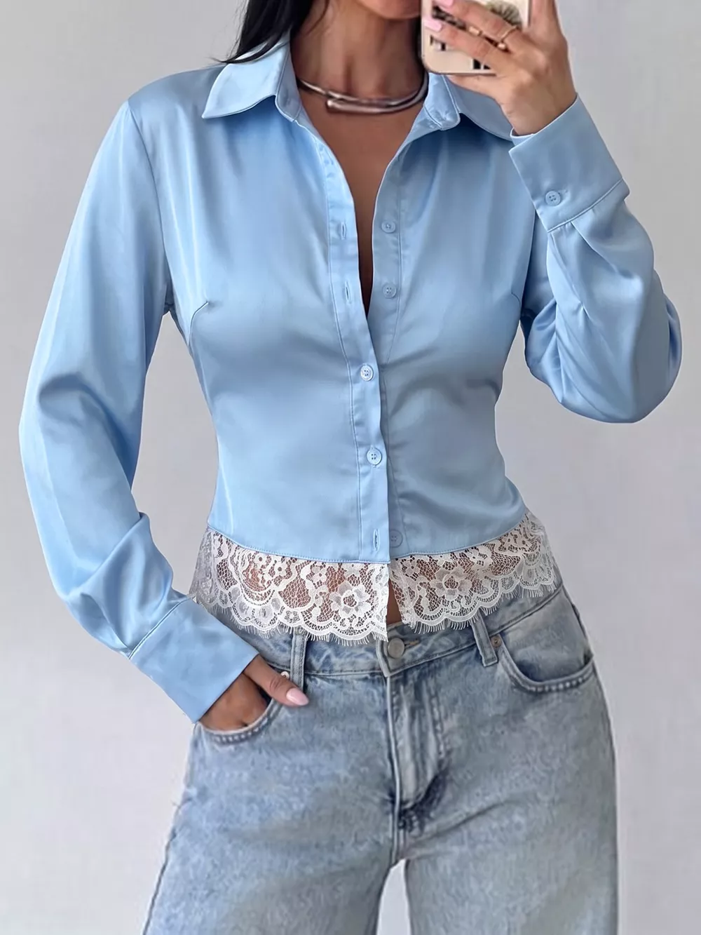 Lace Hem Button Up Shirt, image 4