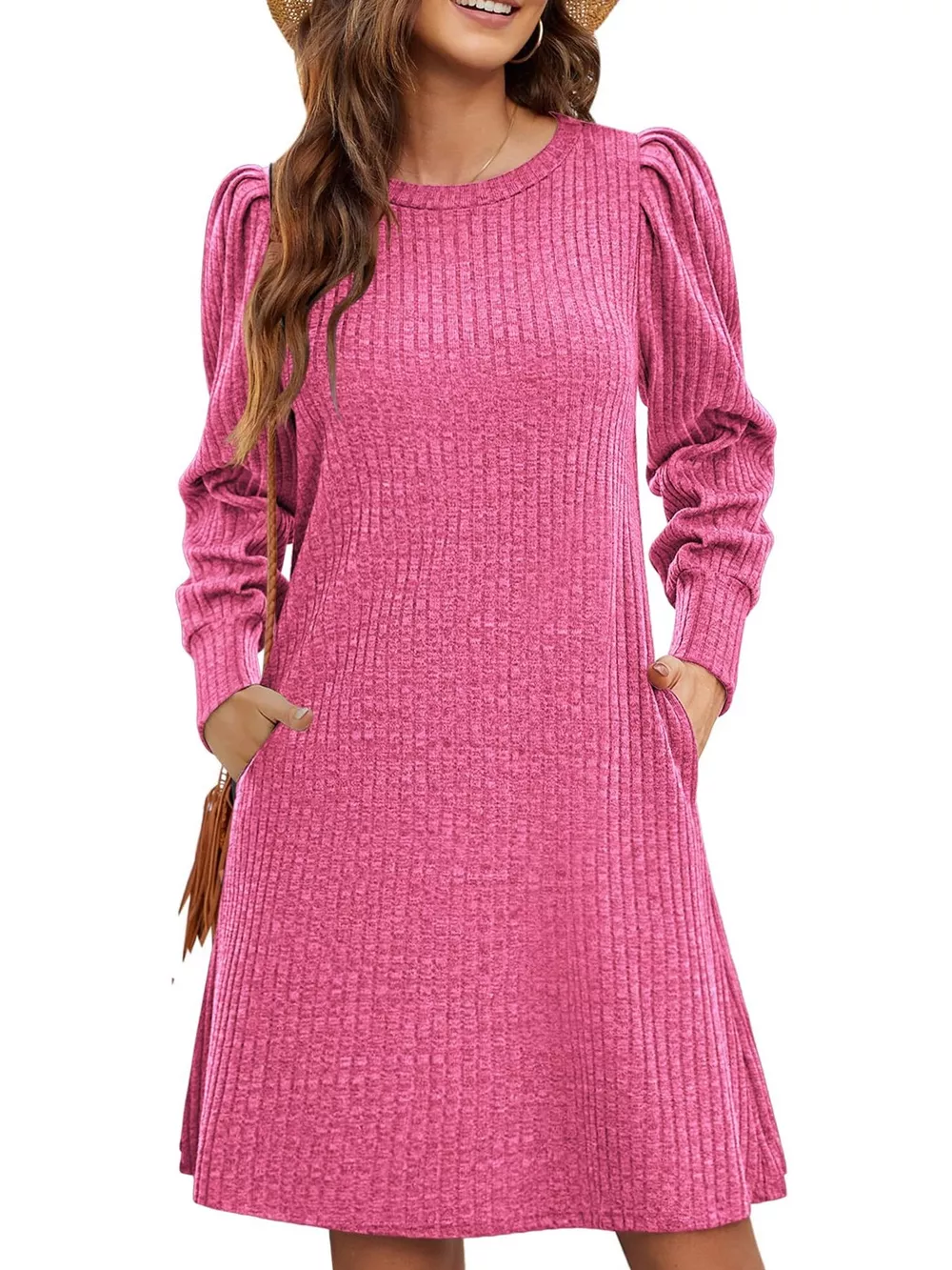 Ribbed Knit Puff Sleeve Casual Mini Dress, image 9