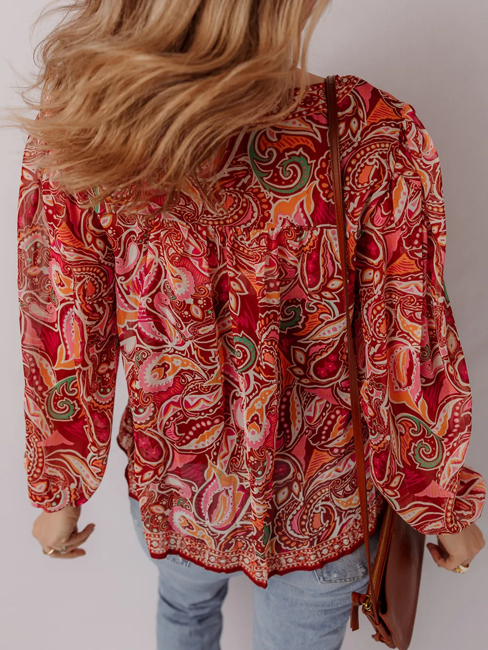 Multicolour Ethnic Paisley Print Tassel Tie Puff Sleeve Boho Blouse, image 4