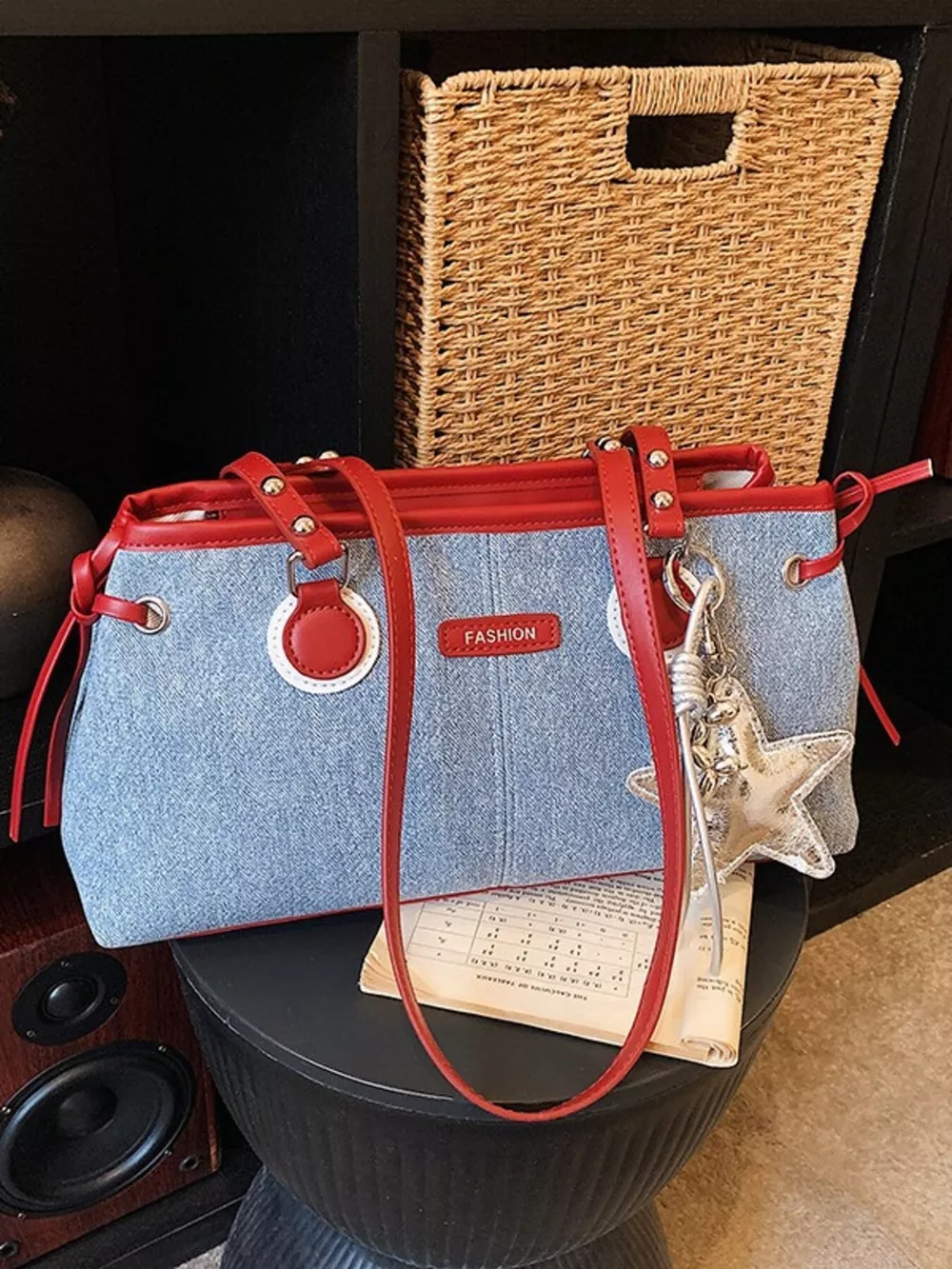Denim Shoulder Bag with Star Charm, image 3