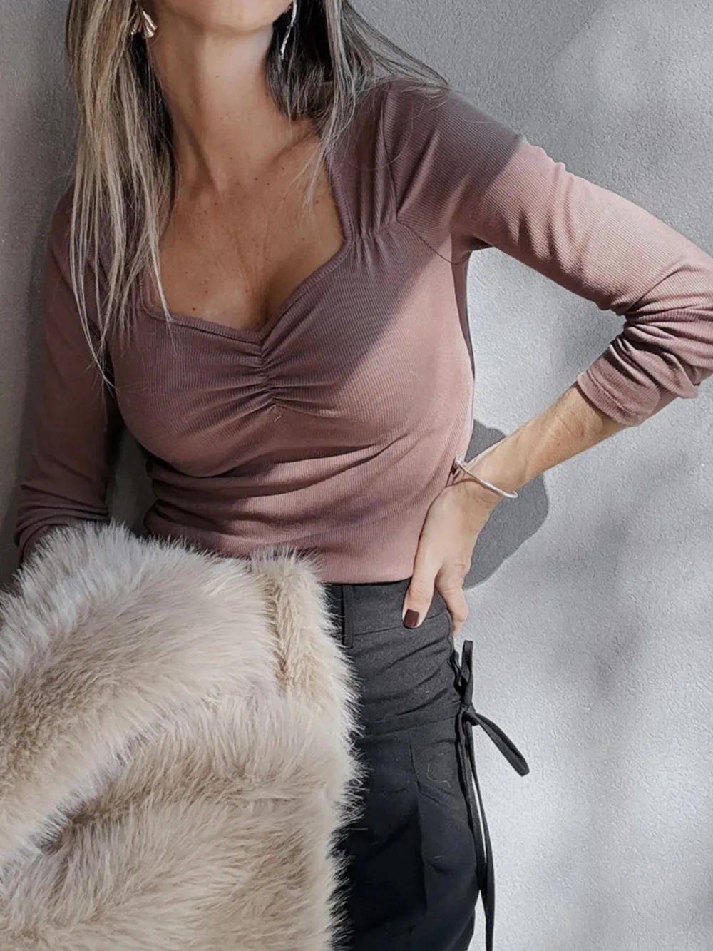 Ruched Front Long Sleeve T-Shirt, image 2