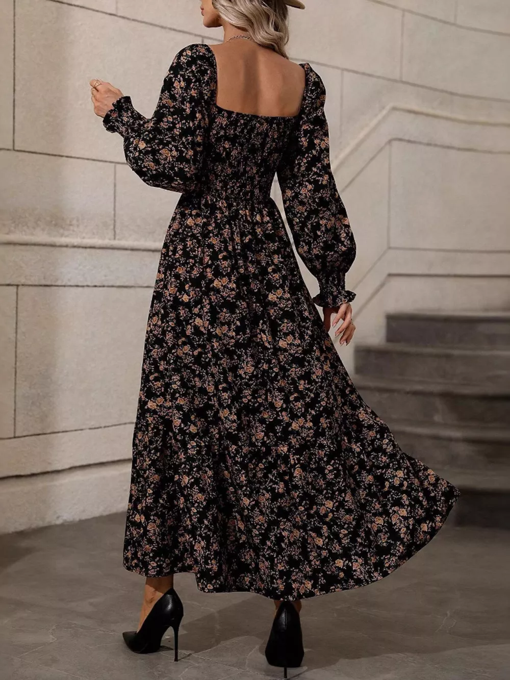 Floral Print Square Neck Smocked Midi Dress, image 6