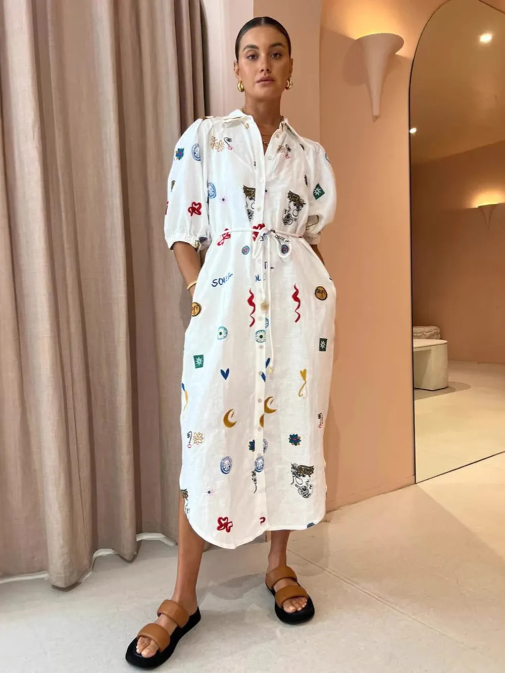 Printed Button Up Midi Shirt Dress, image 10