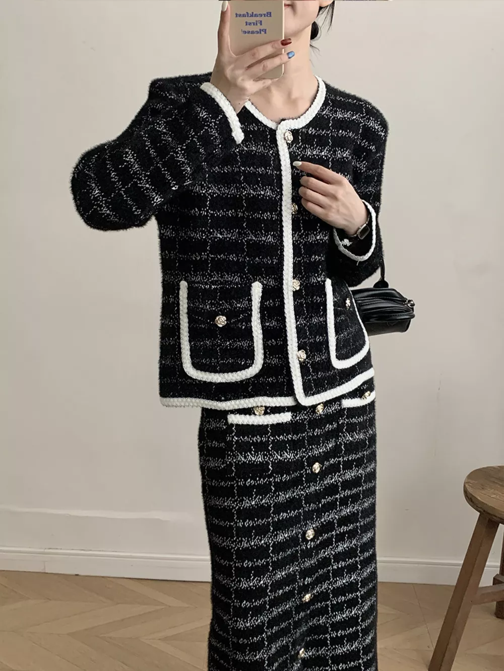 Tweed Contrast Trim Jacket and Skirt Set, image 3