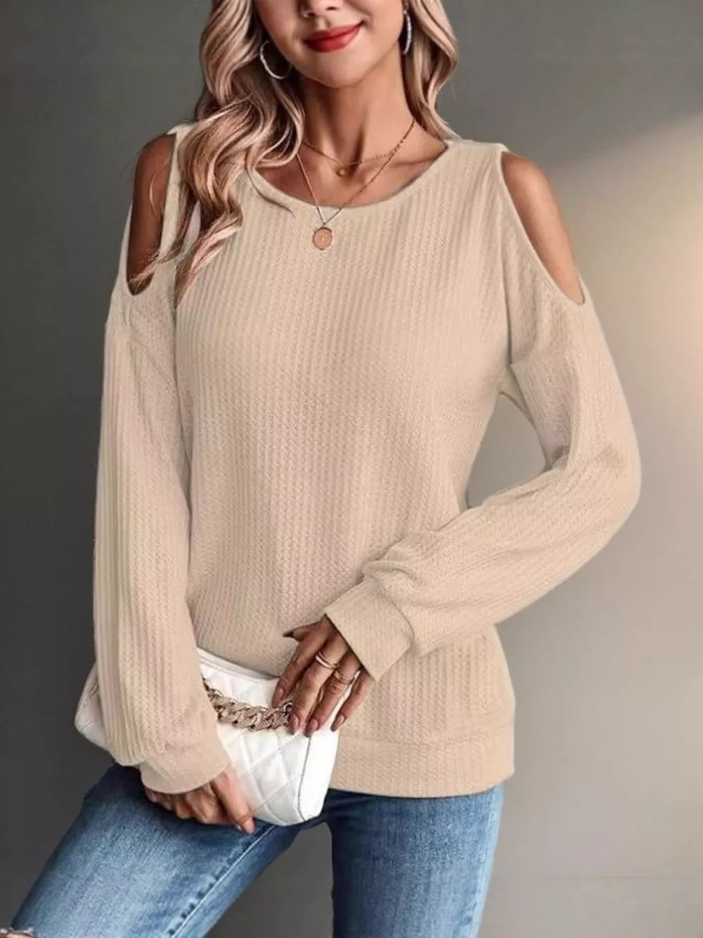 Solid Color Cold Shoulder Long Sleeve T-Shirt, image 4