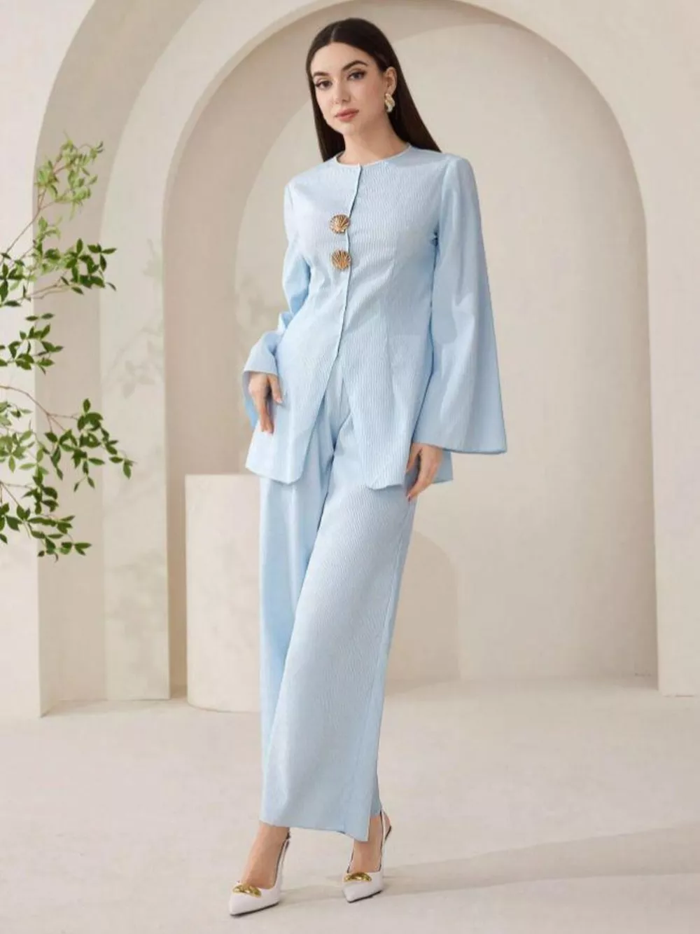 Shell Button Long Sleeve Shirt and Pants Set, image 3