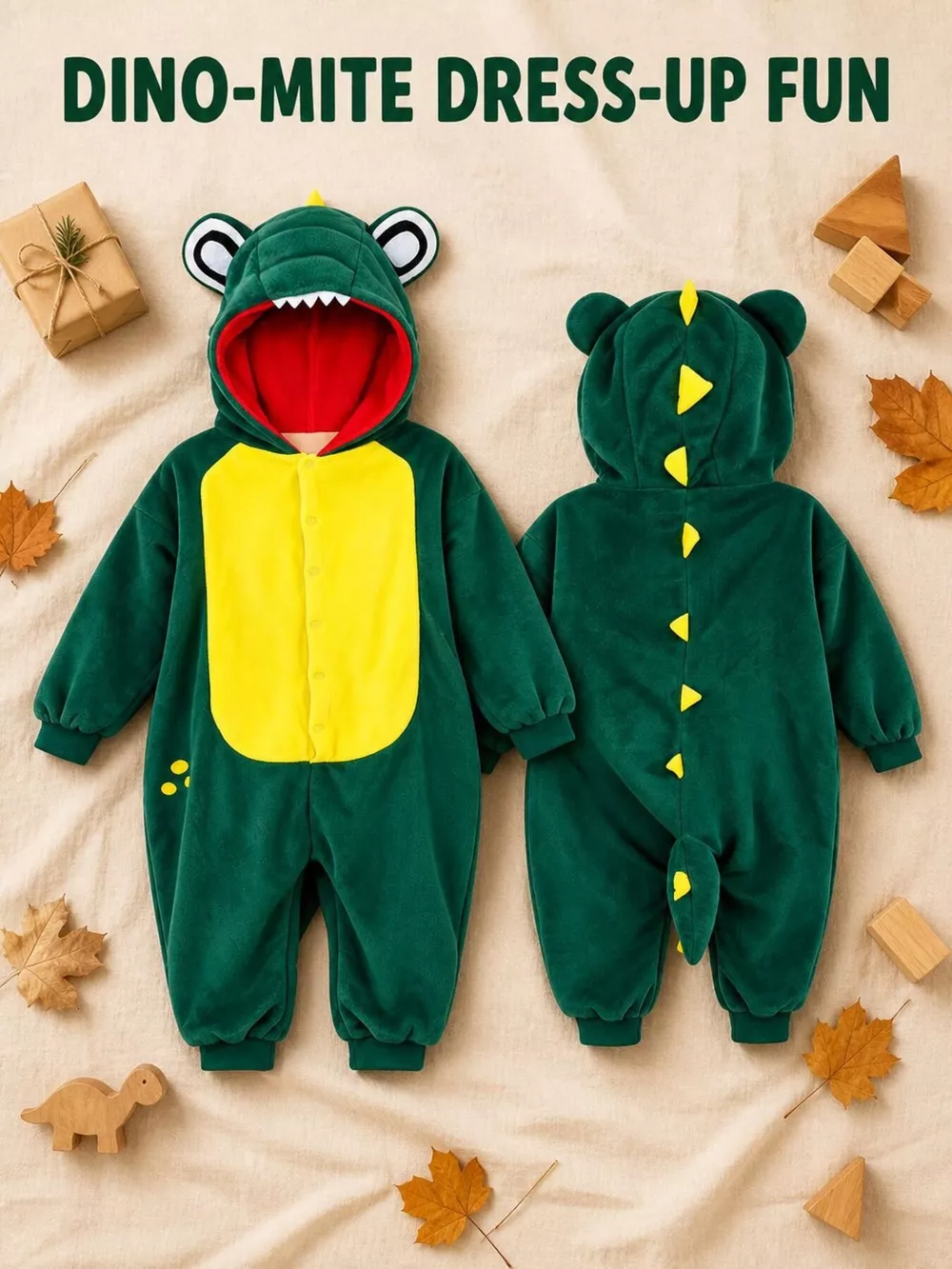 Children's Dinosaur Hooded Fleece One-Piece Jumpsuit, image 4