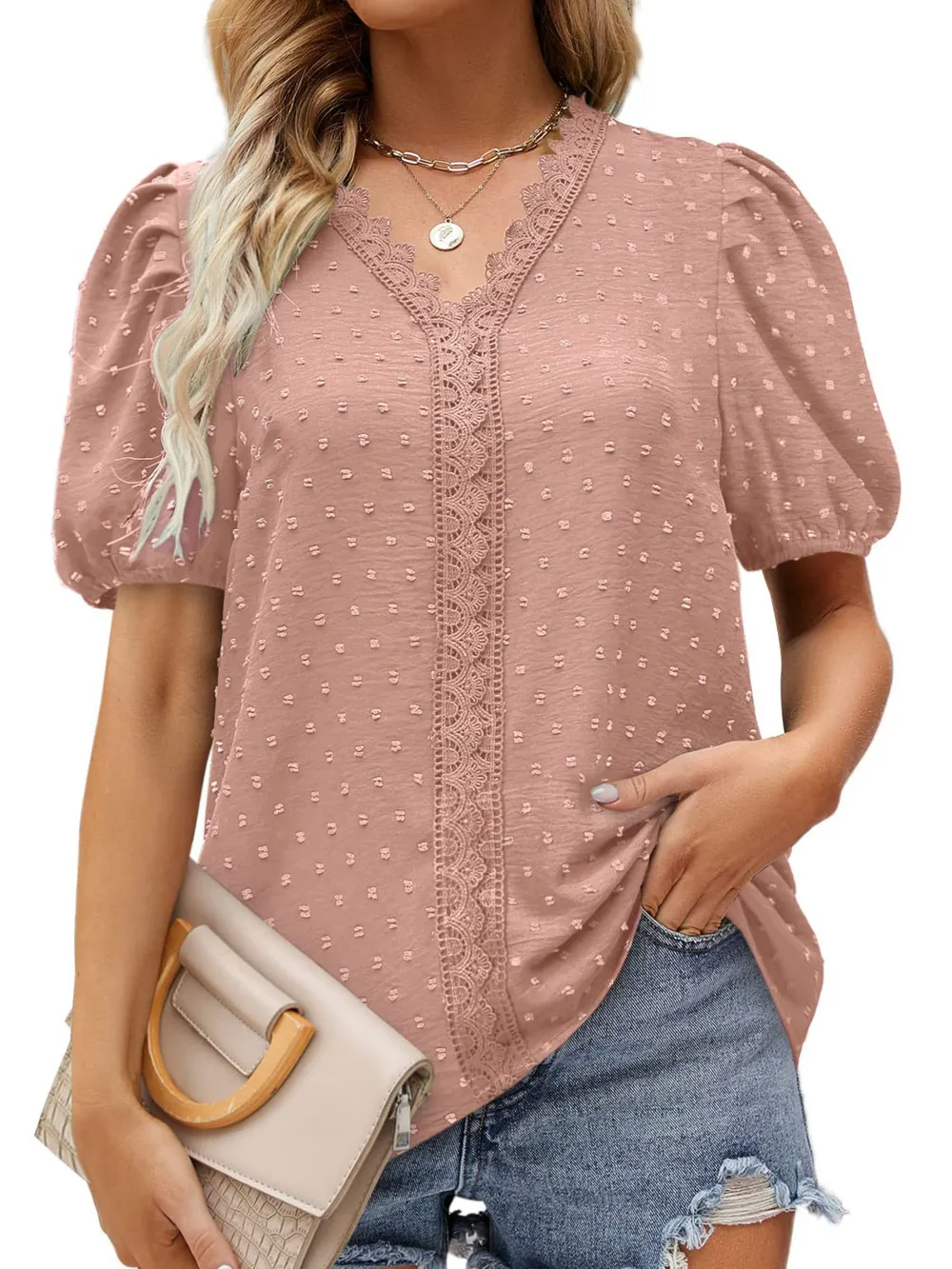 Puff Sleeve Swiss Dot Lace Trim Blouse, image 13