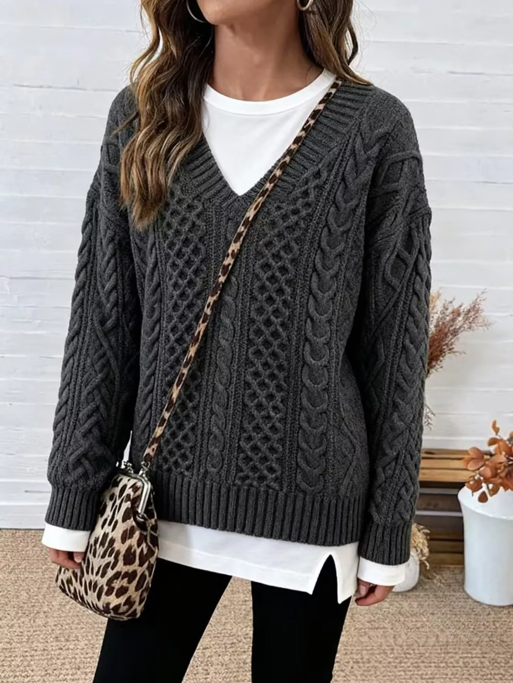 Full Size Cable Knit Dropped Shoulder Sweater Plus Size, image 3