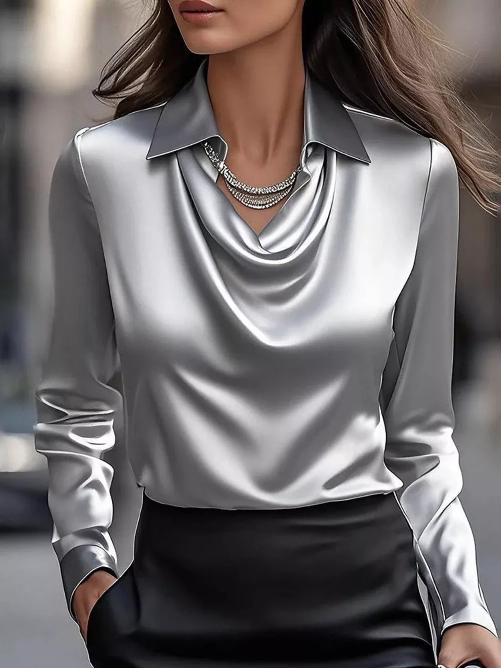 Ruched Long Sleeve Drape Collar Blouse, image 23