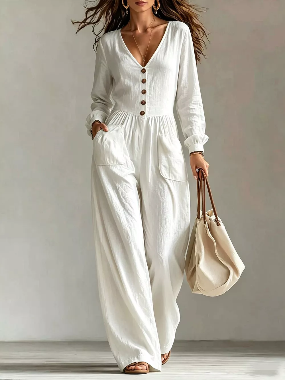V-Neck Long Sleeve Button Front Wide-Leg Jumpsuit, image 2