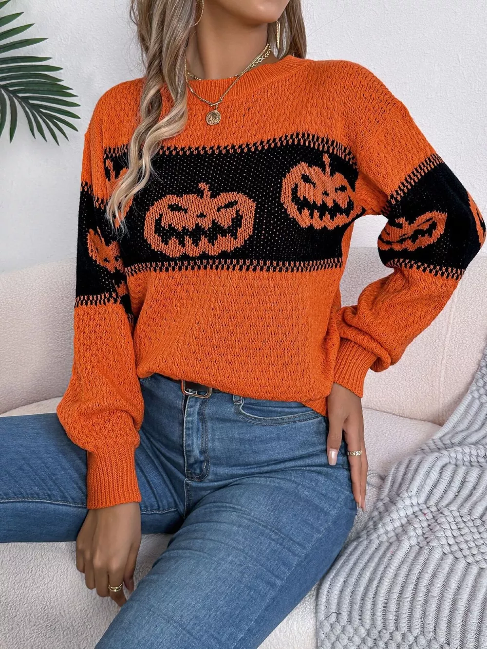 Halloween Pumpkin Pattern Round Neck Sweater, image 6