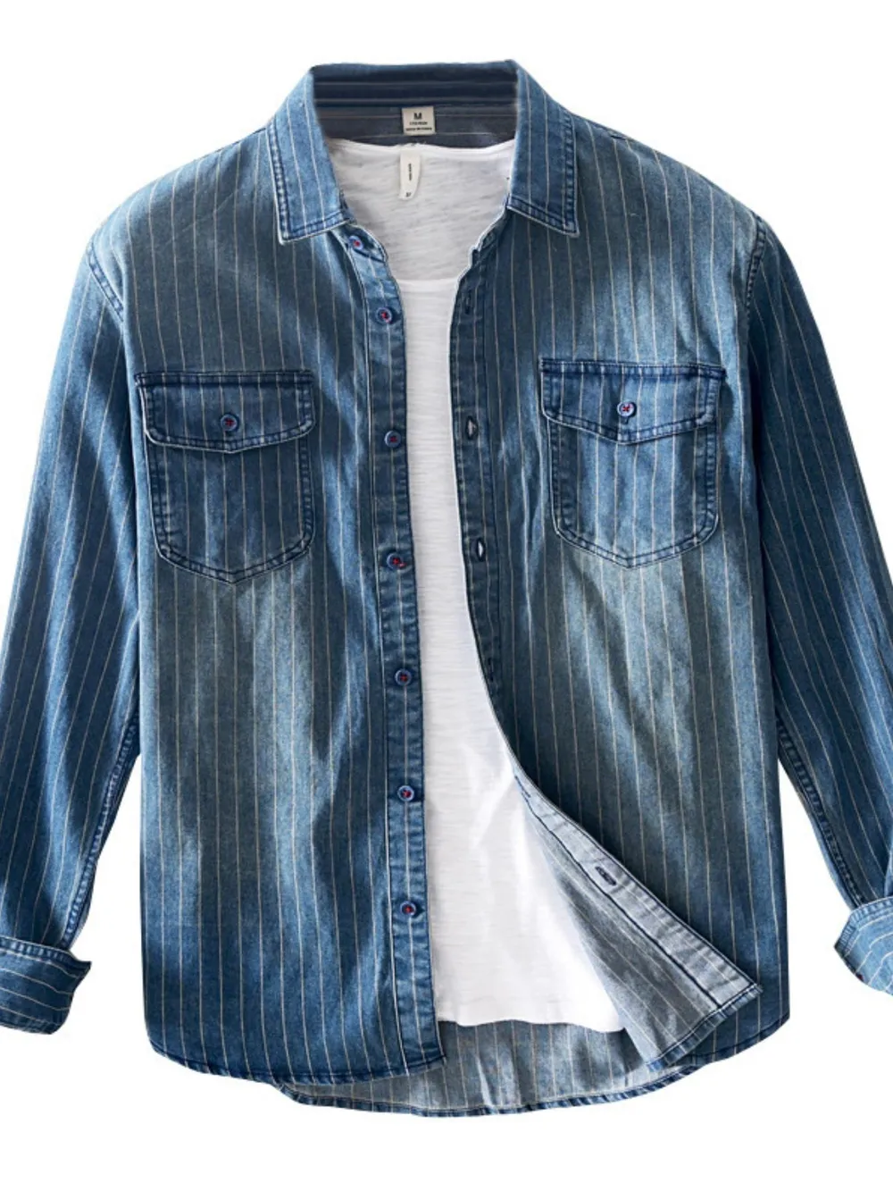 Men's Plus Size Button Up Long Sleeve Denim Shirt, image 4
