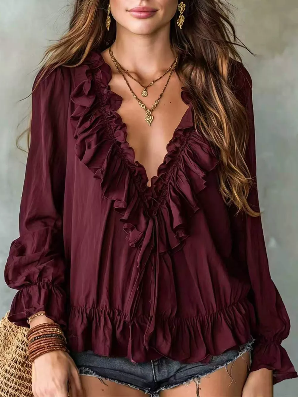 Ruffle V-Neck Long Sleeve Blouse, image 7