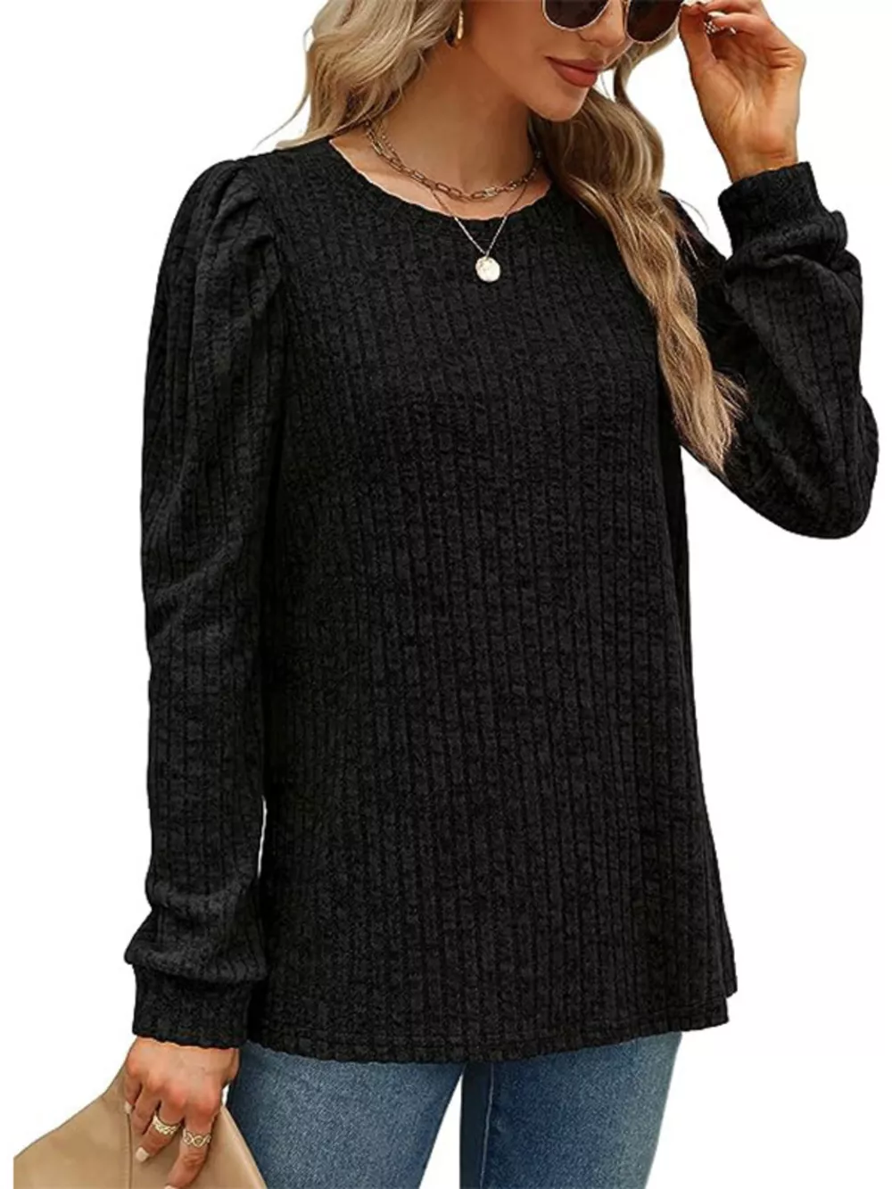 Ribbed Knit Top with Puff Sleeves, image 15