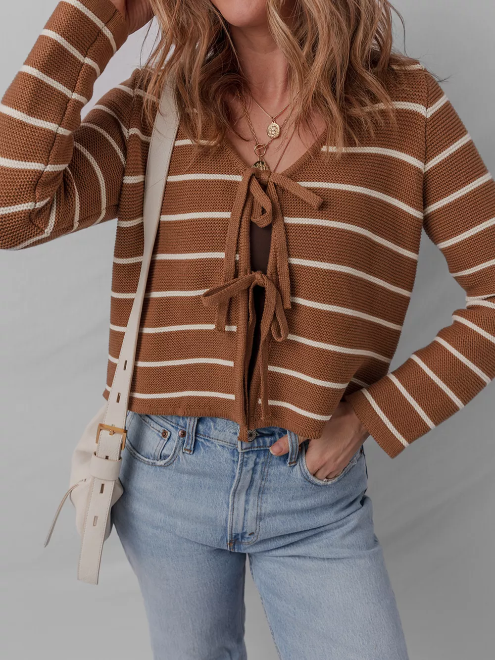 Tie Front Striped Knit V Neck Cardigan, image 3